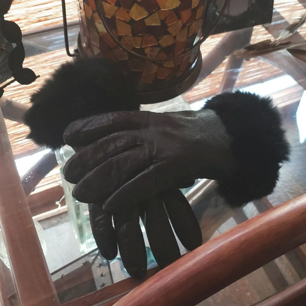 Vintage Black Leather Faux Fur Gloves